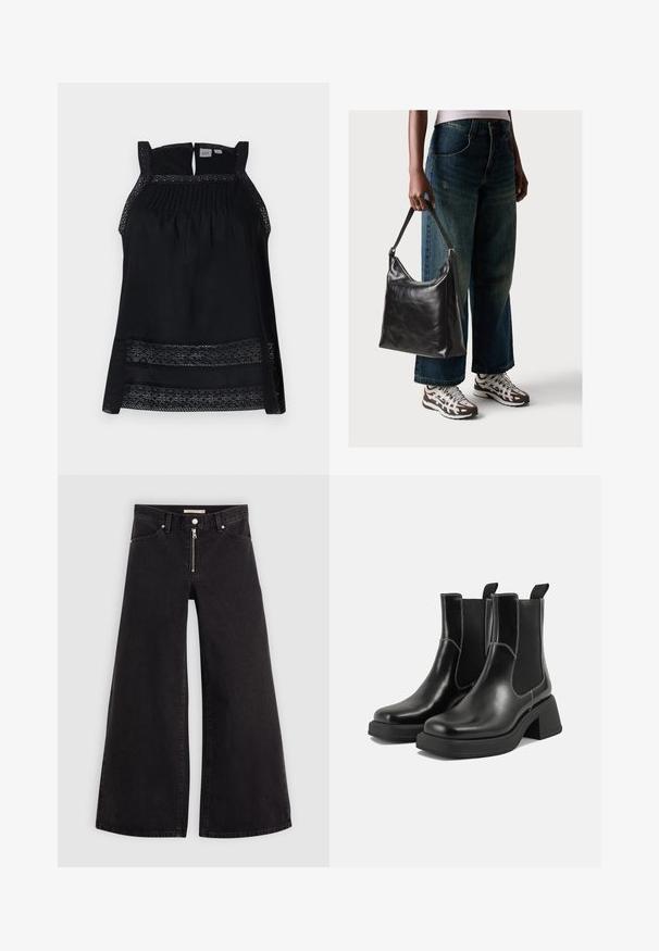 Mustat hihattomat toppi, jossa on läpikuultava pitsireunus, pussitettu bodice ja avonainen selkä. Pehmeä kangas, jossa on löysä ja virtaava malli.; Mustat leveälahkeiset farkut, joissa on vetoketjufrunti, viisi-taskuinen muotoilu ja hienovaraiset ompelusyyt. Sileä pinta ja rento tyyli.; Mustat nahkaiset Chelsea-kengät paksulla korolla, joustavilla sivupaneeleilla ja kontrastilla valkoisella ompelulla. Teksturoitu pinta.; Musta nahkainen olkalaukku, jossa on sileä pinta ja säädettävä hihna, yhdistettynä haalistuneisiin leveälahkeisiin farkkuihin ja urheilukenkien kanssa.