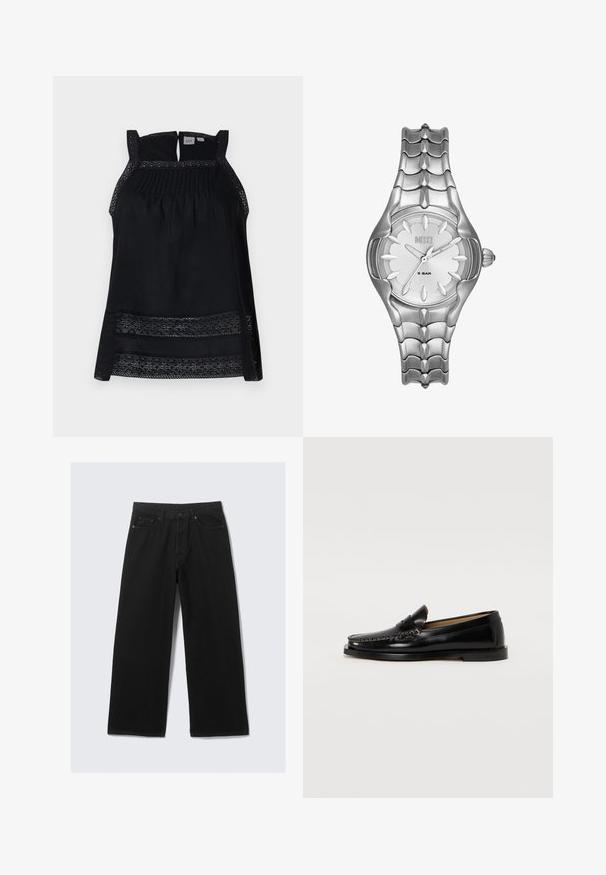 Top nero senza maniche con rifiniture in pizzo trasparente, corpino plissettato e schiena a chiave. Tessuto morbido con una forma ampia e fluida.; Pantaloni neri a gamba larga realizzati in denim, con un classico design a cinque tasche e una cintura strutturata con passanti per cintura.; Mocassini in pelle nera con punta arrotondata, cuciture decorative e suola piatta. Texture liscia e design minimalista.; Orologio in acciaio inossidabile silver con bracciale texturizzato e quadrante tondo. Presenta un fondo bianco, indici neri e una corona sul lato.