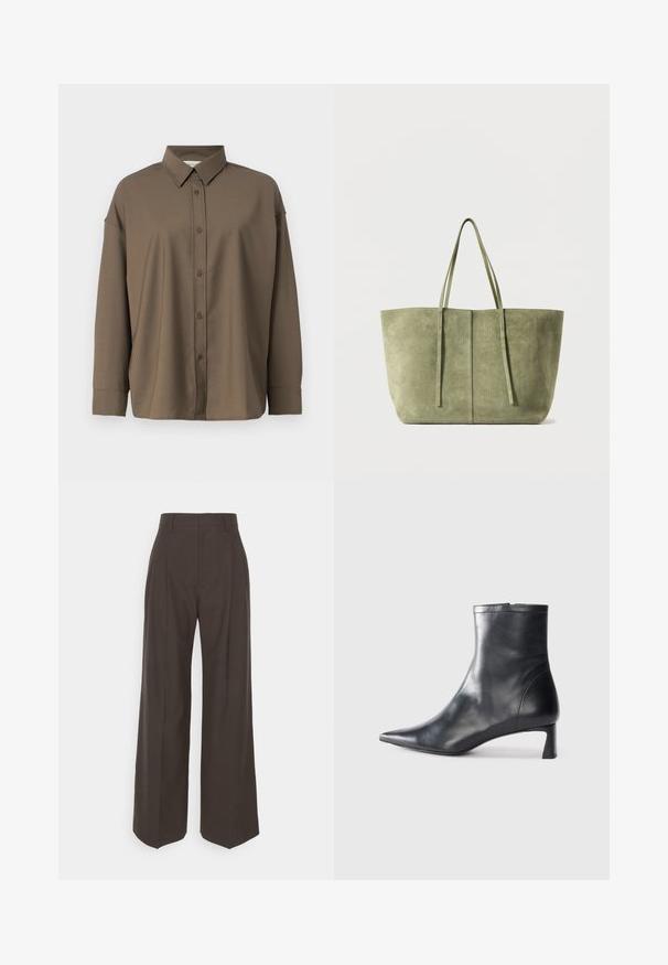 Brown button-up shirt with a structured collar, long sleeves, and a textured fabric. Features a straight cut and full-button front closure.; Dark brown wide-leg trousers with a high waist, featuring neatly pressed creases, smooth texture, and a tailored fit.; Black leather ankle boot with a pointed toe and a sleek design. Features a low heel and a zipper closure at the back. Smooth texture.; Green suede tote bag with two long handles, a seamless design, and a structured shape. No visible hardware or accents.