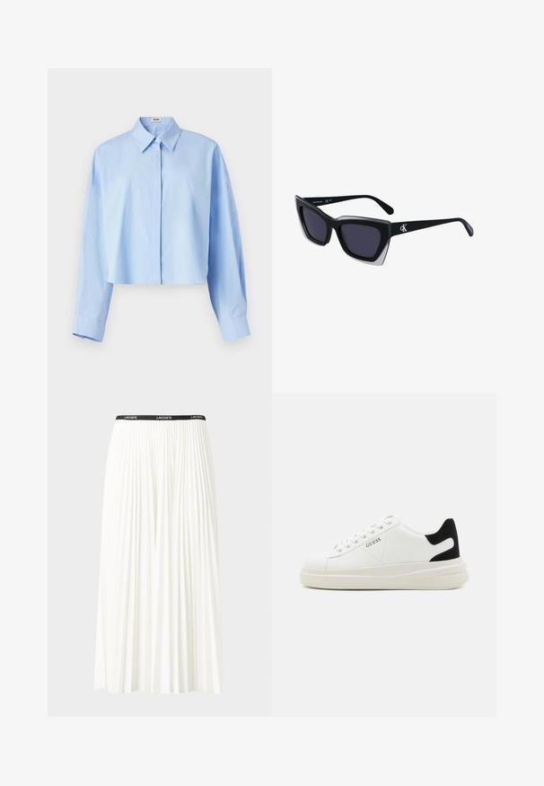 Cropped light blue button-up shirt with a collar, long sleeves, and a smooth texture. Features a straight cut at the bottom.; Pleated white skirt with a black elastic waistband featuring the "LACOSTE" logo. Mid-length design with soft texture.; White leather sneakers with a thick white sole, black suede heel accent, and embossed logo on the side. Laced design with six eyelets.; Black oversized sunglasses with a geometric shape, featuring dark lenses and a contrasting grey detail on the frame. Logo on the arm.