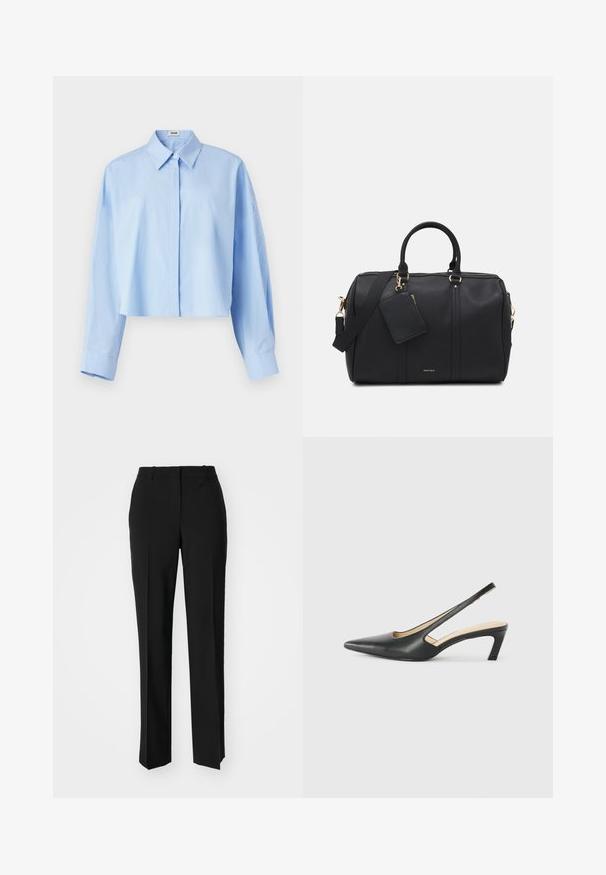 Cropped light blue button-up shirt with a collar, long sleeves, and a smooth texture. Features a straight cut at the bottom.; Black tailored trousers with a straight-leg design, featuring a smooth texture and crisp creases along the front. No visible hardware.; Black pointy-toed slingback shoe with a low heel, featuring smooth leather material and cut-out design on the side for breathability.; Black faux leather duffel bag with gold hardware, dual top handles, adjustable shoulder strap, and a removable tag pocket.