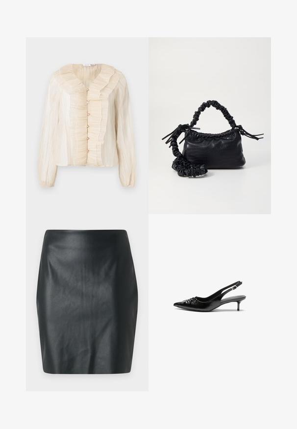 Bluza boje kreme s naboranim dekolteom i prednjim dijelom, dugim rukavima i mekim teksturom. Akcenti u odgovarajućoj boji.; Crna mini suknja od umjetne kože s glatkom teksturom, uskim krojem i ravnim rezom. Bez vidljivih metalnih dijelova ili ukrasa.; Crne kožne sandale na petu s remenom oko pete, špicastim vrhom, niskom petom u stilu kitten i naboranim detaljem na gornjem dijelu. Glatka tekstura i minimalistički dizajn.; Crna torba od umjetne kože s teksturom krokodila, s cinčanim vrhom i naboranom trakom. Izgleda mekano i kompaktno u dizajnu.