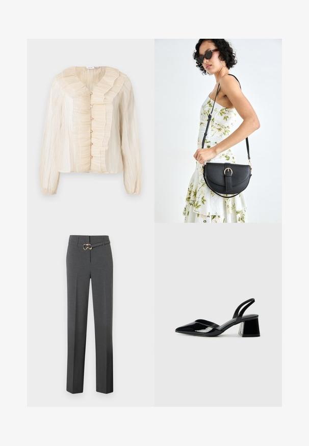 Kermanvärinen paita, jossa on röyhelökaulus ja -etupuoli, nappisuljenta, pitkät hihat ja pehmeä rakenne. Korostukset vastaavassa sävyssä.; Tummanharmaat naisten suorat housut, jotka on räätälöity tarkasti, ja joissa on ohut samasta kankaasta valmistettu vyö, jossa on kultainen solki.; Mustat patentoitu nahkakengät, joissa on säären takaosa ja terävä kärki, sekä geometrinen palikkakorko. Sisältää tyylikkään, minimalistisen muotoilun ja sileän pinnan.; Musta nahkainen käsilaukku, joka on kaareva muotoilultaan, irrotettavalla hihnalla ja kultaisilla yksityiskohdilla. Laukussa on läppä, jossa on solk yksityiskohta.