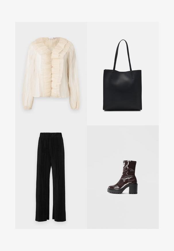 Kreemivärvi pluus ripsmete kaelaehega ja esiosaga, nööpidega kinnitused, pikad varrukad ja pehme tekstuur. Lisad sobivas toonis.; Mustad pleekitud püksid elastse vöökohtaga. Omavad laiad jalad ja sujuvat, tekstureeritud kangast vertikaalsete triipudega.; Klakav läikiv burgundi värvi pahkluu saabas, millel on paks must konts, sile tekstuur ja lihtne disain. Nähtavad kinnitused või mustrid puuduvad.; Mustast nahast kott sujuva tekstuuriga, ristkülikukujuline ja kahe pika sangaga. Pole nähtavat riistvara ega kaunistusi.