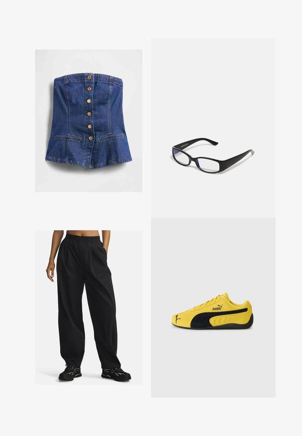 Olkaimeton sininen farkkukorsetti, jossa on edessä puiset napit ja kaksi vaaka-aukkoa helman lähellä.; Kolme hihattomia toppia: yksi musta, yksi harmaa ja yksi valkoinen. Valmistettu pehmeästä, joustavasta kankaasta, jossa on säädettävät spagettiolkaimet.; Mustat, löysät housut, jotka on valmistettu kevyestä kankaasta ja joissa on elastinen vyötärö. Housuissa on sivutaskut ja ne ovat sileäpintaiset.; Keltainen mokkanahkainen tennari mustilla mokkanahkaisilla yksityiskohdilla. Sisältää uritetun pohjan, nauhakiinnityksen ja Puma-logon sivulla ja kielekkeellä.; Mustat suorakulmaiset vahvuuslasit, joissa on kirkkaat linssit. Kiiltävä pinta, kapeat sanganvarret ja violetit sävyt näkyvät linssien reunoilla.; Tummansininen denimitasku, jossa on pyöreä muoto, useita ulkopusseja, säädettävä olkahihna ja hopeanvärisiä yksityiskohtia. Ylhäällä on myös kantokahva.