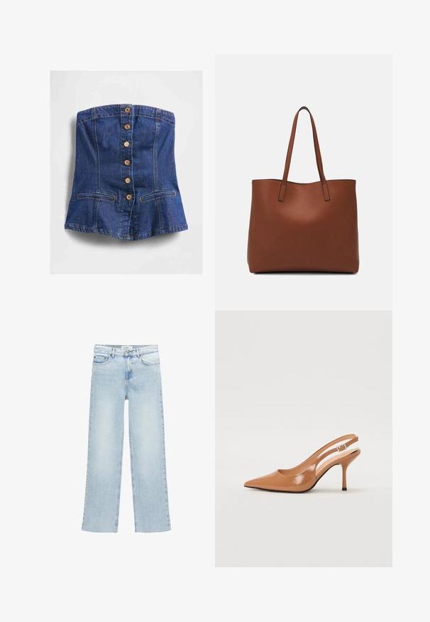 Top nélküli kék farmer fűző, elől fából készült gombokkal és két vízszintes nyitott zsebbel a szegély közelében.; Világoskék, bőszárú farmernadrág magas derékkal, öt zsebbel és gombos zárással. Csak minimális varrási részletek találhatók rajta.; Fingerszűk, hegyes orrú, háttámlás sarokcipő sima, fényes barnás anyagból. Íves kivágású dizájn és karcsú stiletto sarkú. Ezüst csattal ellátva.; Barna bőr vászontáska sima textúrával, nyitott tetejű dizájnnal és két vállpánttal. Minimális varrással és látható hardver nélkül készült.