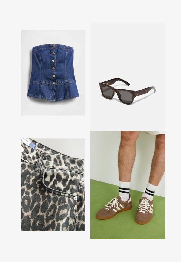 Strapless blauwe denim korsettop met houten knopen aan de voorkant en twee horizontale steekzakken nabij de zoom.; Leopardprint denimshorts met een gestructureerde taille, voorzak, zwart en beige kleurenschema, afgewerkt met zilveren knopen.; Bruine suède sneakers met witte accenten en veters. Rubberen gumzool. Draag met witte sokken met zwarte strepen. Groene gestructureerde vloer.; Tortoise shell zonnebril met donkere lenzen, vierkant montuur en zilveren accentstuds aan de voorkant. Gemaakt van kunststof, lichtgewicht en duurzaam.; Bruine geweven leren handtas met een slonzig, driehoekig model. Voorzien van een gevlochten handvat en een ritssluiting aan de bovenkant.