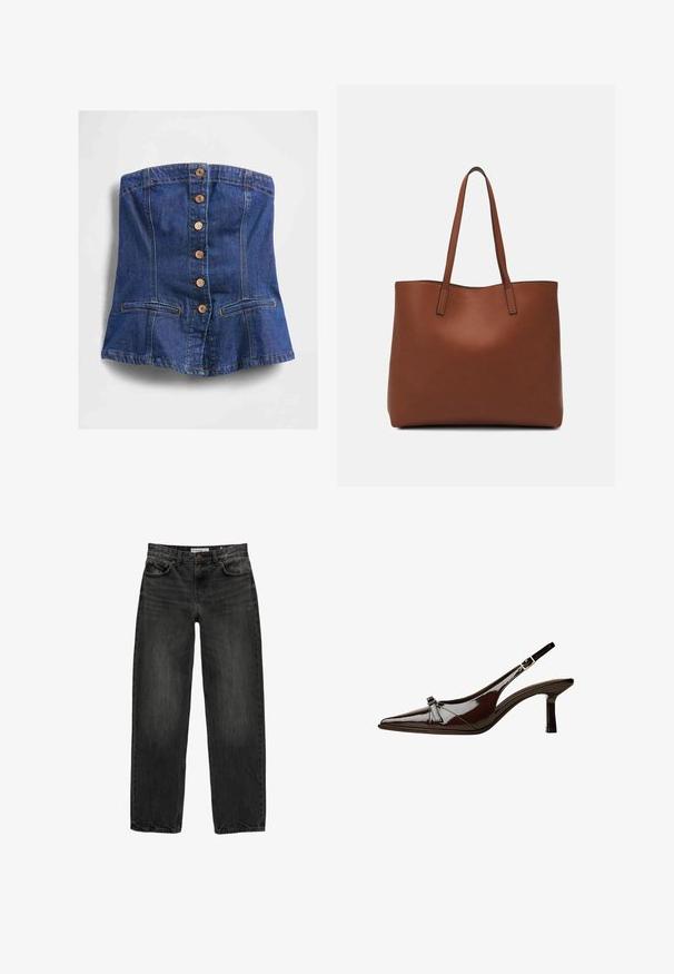 Bezramenný modrý denimový korzet s prednými drevenými gombíkmi a dvoma horizontálnymi rozparkami blízko lemovania.; Čierne džíny z denimu s uvoľneným strihom, rovnými nohavicami, piatimi vreckami a mierne vyblednutou textúrou. Zapínanie na gombík a zips v prednej časti.; Hnedá laková slingback obuv s špicatou špičkou, nízkym opätkom a dekoratívnou mašľou vpredu. Hladká, lesklá štruktúra.; Hnedá kožená taška na rameno s hladkou textúrou, otvoreným vrchom a dvoma ramenými popruhmi. Má minimálne šitia a žiadne viditeľné kovania.