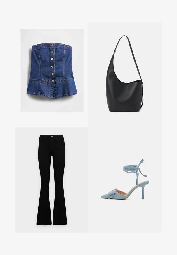 Bez piedurknēm, zila denima korsete ar koka pogām priekšpusē un divām horizontālām kabatām tuvu apakšmalai.; Melni augsta jostas šorti ar pogu un rāvējslēdzēju, priekšējām kabatām un izplestām kājām, nolikti uz balta fona.; Zilnīšu augstpapēžu kurpes ar norādītu purngalu, izgatavotas no gaiši zilas auduma ar teksturētu apdari, ar loku akcentu un potītes siksniņu drošai piestiprināšanai.; Melnas ādas hobo soma ar gludu tekstūru, izliekta forma un vienu regulējamu jostu; augšā ir plaša atvere.