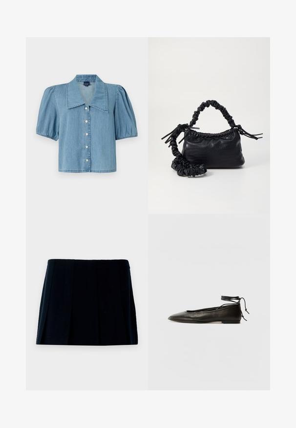 Light blue denim shirt with a large collar, short puffed sleeves, and button closure. Features a straight hem and soft texture.; Black pleated mini skirt made of fabric. Features a straight waistband and multiple vertical folds for shape and texture.; Black leather ballet flats with a pointed toe, ankle tie, and flat sole, featuring a smooth texture and minimalistic design.; Black faux leather handbag with a crocodile texture, cinched top, and a scrunched strap. Appears soft and compact in design.