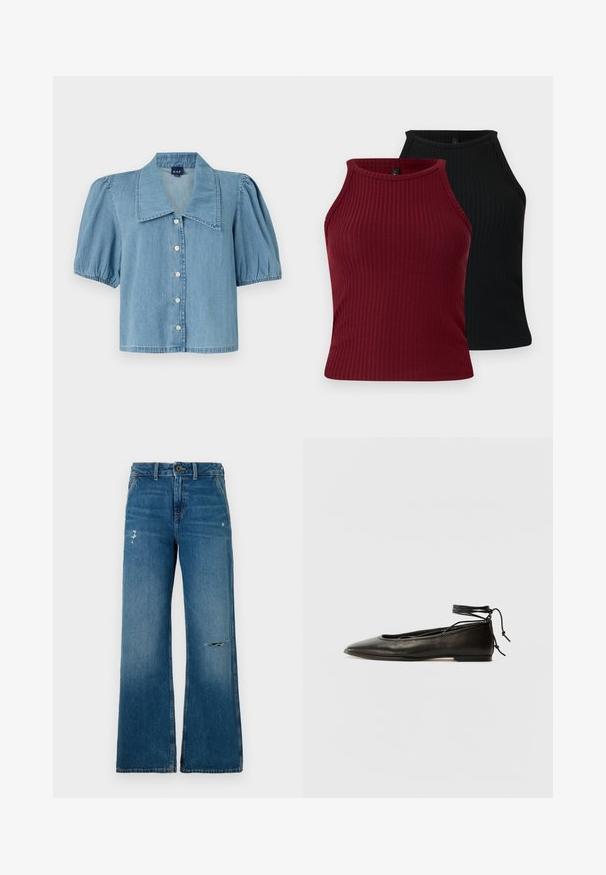 Svetlomodrá džínsová košeľa s veľkým golierom, krátkymi nafúknutými rukávmi a zapínaním na gombíky. Má rovný lem a jemnú textúru.; Dva rebrované tielka: jedno burgundské a jedno čierne. Obe majú vysoký výstrih s priliehavým strihom a hladkou textúrou.; Modré denimové široké nohavice s vyblednutou textúrou, s dvoma poškodenými miestami na prednej strane, s uzatváraním na gombík a dizajnom s piatimi vreckami.; Čierne kožené baletky s špicatou špičkou, viazaním okolo členka a plochou podrážkou, s hladkou textúrou a minimalistickým dizajnom.