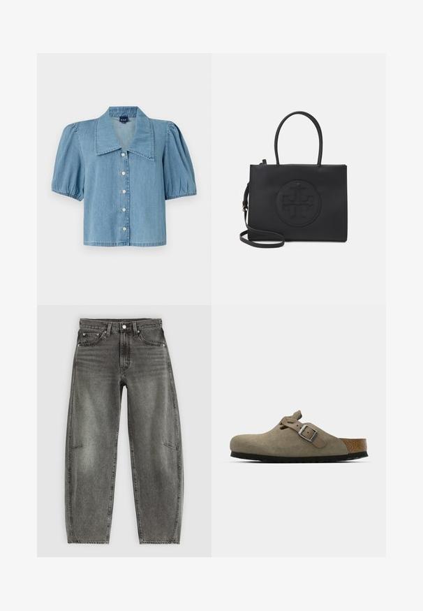 Világoskék farmering nagy gallérral, rövid puffos ujjakkal és gombos záródással. Közvetlen szegéllyel és puha anyaggal rendelkezik.; Magas derekú, szürke mosott farmernadrág öt zsebből áll, gombos záródással és lazán egyenes szabással.; Bársony klumpák világos olíva zöld színben, formázott parafa és gumitalppal. Oldalszíjjal és fém csattal rendelkezik, valamint lekerekített orra van.; Fekete kézitáska sima anyagból, dupla fogantyúval, levehető vállpánttal és kerek, domború logóval az elején.