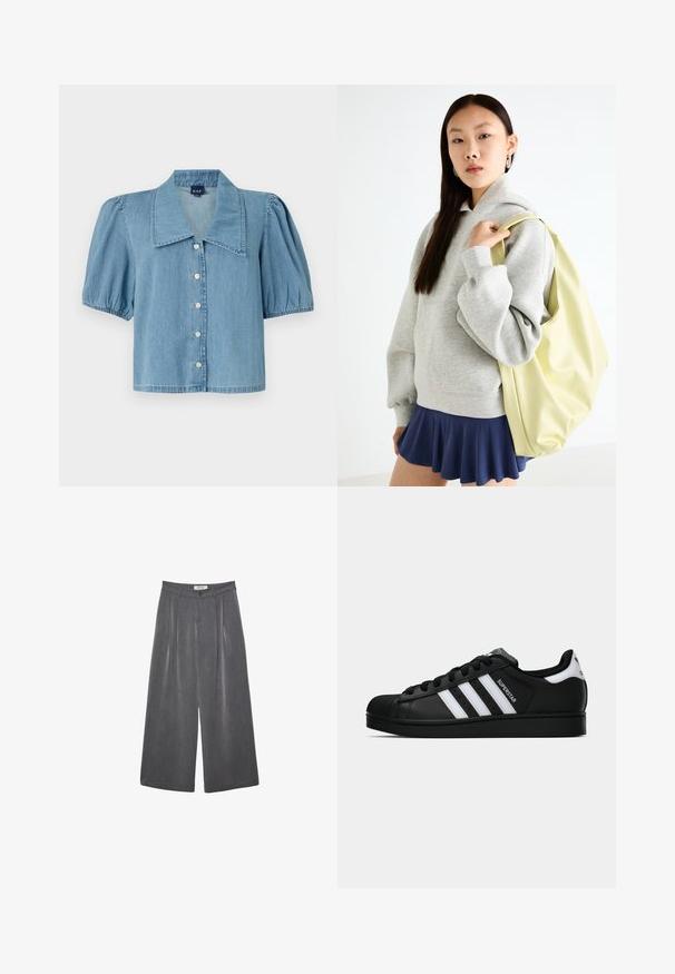 Svetlo modra denim srajca z velikim ovratnikom, kratkimi naborkami in gumbnim zapiranjem. Ima ravno obrobo in mehak občutek.; Nabrane hlače širokega kroja v temnosivi tkanini z diskretno teksturo. Opremljene so z gumbom za zapiranje in klasičnim oblikovanjem pasu.; Črne superge Adidas Superstar z belimi črtami, zaščitnim pokrovom na prstih in napisom "Superstar" na strani, prikazane v bočnem profilu na beli podlagi.; Siva prevelika kapuca s kenguru žepom, uparena s mornarsko plavom suknjom s volanima. Dodatak: veliki svijetložuti ruksak, glatke teksture.