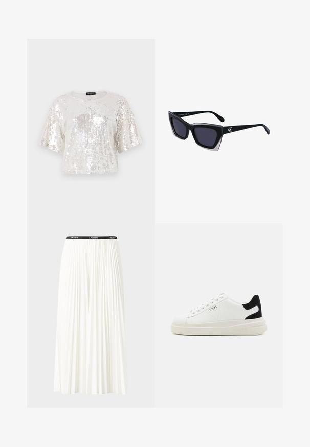 Kuttet, kortermet topp laget av paljettstoff i hvit og sølv, med rund halslinning og ribbestrikket kant.; Plissert hvit skjørt med en svart elastisk midje som har "LACOSTE"-logoen. Midjelengde design med myk tekstur.; Hvite lær sneakers med tykk hvit såle, svart semsket hælforsterkning og preget logo på siden. Snøresystem med seks hull.; Store svarte solbriller i overdimensjonert størrelse med geometrisk form, med mørke linser og en kontrasterende grå detalj på rammen. Logo på armen.
