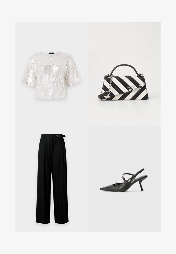 Skraťený top s krátkym rukávom z flitrovanej látky v bielej a striebornej farbe, s okrúhlym výstrihom a ribbeným lemom.; Čierne široké nohavice s vysokým pásom, skladmi vpredu a opaskom s prackou. Vyrobené z hladkej, ľahkej textílie.; Čierne kožené slingback topánky na vysokom podpätku s ostrou špicou, štíhlym podpätkom a dekoratívnym detailom s prackou na priehlavku. Hladká textúra a elegantný dizajn.; Čierno-bielo pruhovaná kabelka so štruktúrovaným tvarom, obsahujúca hornú rúčku, odnímateľný reťazový popruh a kovový logo akcent.