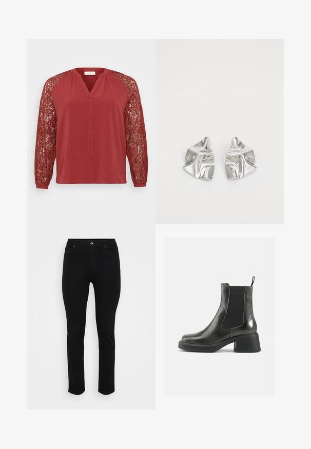 Raudona bluzė su priekinėmis sagų juostomis, turinti ilgas nėrinių rankoves. Medžiaga yra tekstūruota, su sudėtingais nėrinių raštais rankovėse.; Juodi džinsai su siauru pasisekimu, penkių kišenių dizainu, priekiniais užsegimais ir šiek tiek tampri, kad būtų patogiau. Lygus, švelnus paviršius su minimaliais dekoratyviais elementais.; Juodos odinės kulkšninių botai su lygia apdaila, elastingais šonais ir storu kulnu. Yra vilkimo kilpa, skirta patogesniam apsiaustui.; Sidabriniai metaliniai Auskarai su banginiu, skulptūriniu dizainu, pasižymintys poliruotu paviršiumi ir nereguliariomis formomis, išryškinančiomis šiuolaikišką estetiką.