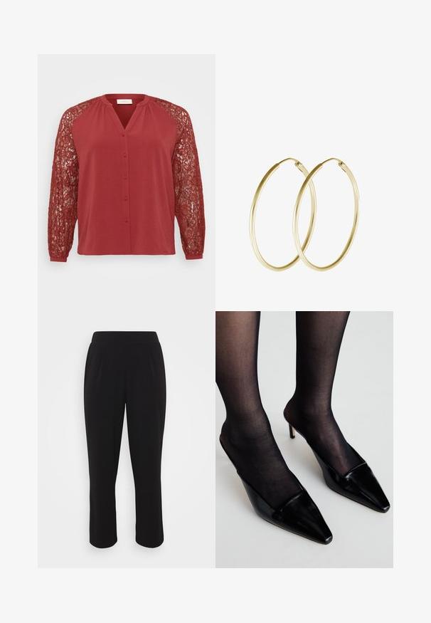 Punane pluus, millel on ees nuppude rida, ja pikad pitskäised. Materjal on tekstureeritud ning käistel on peened pitsimustrid.; Mustade lühikesed püksid sileda tekstuuriga, elastse vöökoha ja sirgete jalgadega. Ees on lisadetailideks voldid.; Mustad lakknahk mules terava varbaga ja madala lõikega disainiga. Omab peent kontsaga ning on kokku sobitatud mustade läbipaistvate sukajalgadega.; Kuldne rõngaskõrvarõngad, millel on sujuv ja ümar disain, ning läikiv viimistlus. Kerge konstruktsioon koos kindla klambriga.