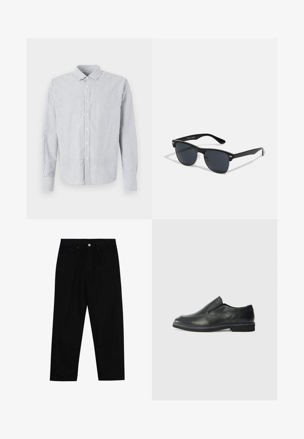 Striped button-up shirt featuring a collar, long sleeves, and a straight silhouette. Colors include white and shades of blue.; Black denim pants featuring a straight-leg cut, five-pocket design, and a front button closure. Smooth texture with minimal stitching details.; Black leather slip-on shoe with a smooth upper, stitched accents, rounded toe, and a low rubber heel. Sole features minimal tread.; Black sunglasses with a rectangular shape, dark lenses, silver accents at the temples, and a matte finish on the frame.