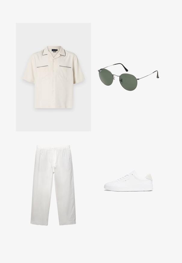 Chemise beige à manches courtes avec des garnitures noires le long du col et des bords des poches. Comprend deux poches avant et une fermeture à boutons.; T-shirt en coton blanc à manches courtes, col rond et coupe décontractée. Texture lisse sans motifs ou accents visibles.; Pantalons en lin blanc avec une taille élastique et un cordon de serrage, conception à jambes larges et coutures nettes. Texture lisse avec une coupe décontractée.; Baskets blanches avec une tige en cuir lisse, bout arrondi, semelle plate et design minimaliste. Présente un branding discret et un accent beige au talon.; Lunettes de soleil en métal avec des verres ovales verts. Monture en métal argenté mince et embouts d'oreille noirs. Design minimaliste, sans logos visibles.