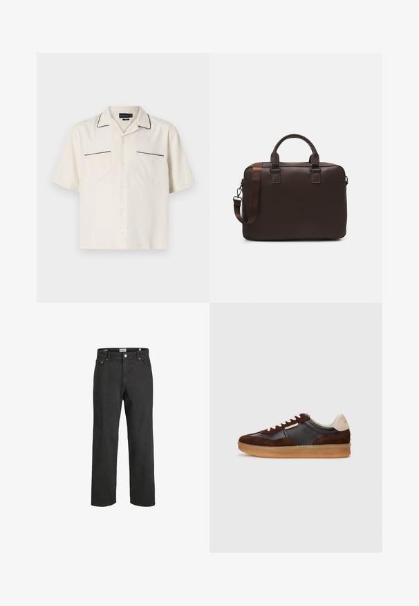 Šviesiai smėlio spalvos marškiniai trumpomis rankovėmis su juodomis siūlėmis aplink apykaklę ir kišenių kraštus. Yra dvi priekinės kišenės ir sagčių uždarymas.; Juodi tiesūs džinsai, pagaminti iš medvilnės, su klasikinio penkių kišenių dizainu, mygtuko uždarymu ir subtiliais siuvinėjimo elementais.; Rudas zomšinės ir odinės sportiniai bateliai su guminėmis padangomis, su grietinėlės akcentais ir baltais raišteliais. Suapvalinta noselė ir minimalus dizainas.; Ruda odinė nešiojamojo kompiuterio rankinė su tekstūruota paviršiumi, dviem viršutiniais rankenomis, reguliuojama juosta ir dviem priekiniais sagtimis papildomam akcentui.