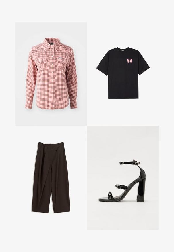 Red and white checkered long-sleeve shirt featuring a pointed collar, two chest pockets, and button closures. Made of lightweight fabric.; Black cotton t-shirt with short sleeves, featuring a small pink butterfly graphic on the left chest. Crew neck design with a relaxed fit.; Dark brown wide-leg trousers with a high waist, featuring a single button closure and a pleated front. Made from lightweight fabric.; Black patent high-heeled sandals with two buckle straps, square toe, and a chunky block heel, featuring a smooth, glossy texture.