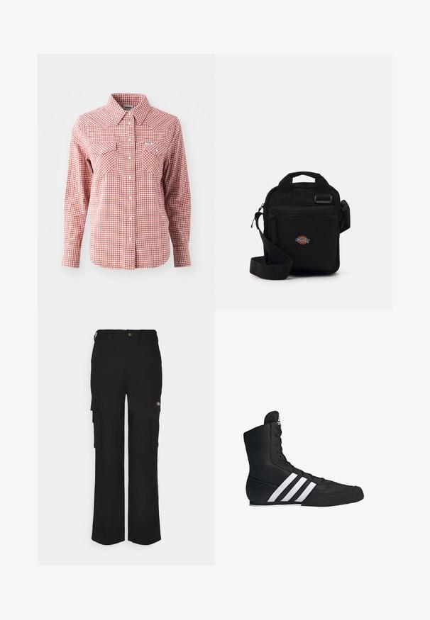 Red and white checkered long-sleeve shirt featuring a pointed collar, two chest pockets, and button closures. Made of lightweight fabric.; Black cargo pants made of durable fabric, featuring two side pockets, a button closure, and a relaxed fit with straight legs.; Black high-top athletic shoe with a textured fabric upper, featuring three white stripes and a laced front design. Flat rubber sole at the base.; Black crossbody bag with a zippered pocket, rectangular shape, made of fabric, featuring a logo patch on the front, adjustable shoulder strap.