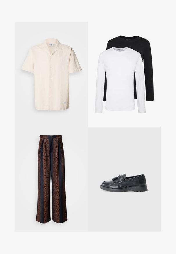 Košeľa s krátkym rukávom, svetlo béžová, vyrobená z textúrovanej látky, s špicatým golierom, so zapínaním na gombíky a malou etiketou na leme.; Dvoje tričiek s dlhým rukávom, jedny čierne a jedny biele, z bavlny s okrúhlym výstrihom a hladkou textúrou, zobrazené v uloženom usporiadaní.; Široké nohavice z tmavomodrej látky s zložitým oranžovým geometrickým vzorom, s plisovaným predným dielom a úzkym pásom.; Čierne kožené mokasíny s okrúhlou špičkou, pásikom so strapcami a robustnou podrážkou s dezénom. Hladká textúra a klasický dizajn.