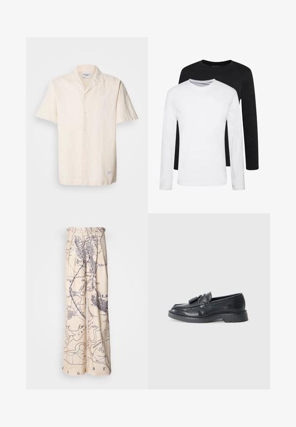 Camisa de manga corta en color beige claro, hecha de un tejido texturizado, con cuello puntiagudo, que cuenta con un cierre de botones y una pequeña etiqueta en el dobladillo.; Dos camisetas de manga larga, una negra y una blanca, hechas de algodón, con cuello redondo y una textura suave, exhibidas en un arreglo apilado.; Pantalones de pierna ancha con un estampado de mapa en azul marino sobre un fondo beige, con detalles de plisado en la cintura y un ajuste relajado.; Mocasines de cuero negro con punta redondeada, una correa con borlas y una suela gruesa con un patrón de relieve. Textura suave y diseño clásico.