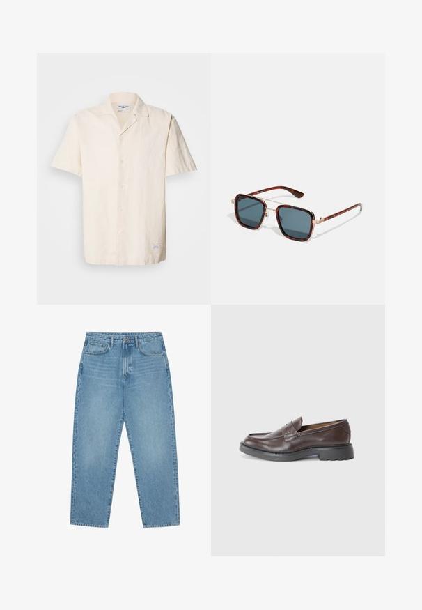 Camisa de manga curta, bege claro, feita de um tecido texturizado com gola pontuda, apresentando um fecho de botão à frente e uma pequena etiqueta na bainha.; Jeans de ganga de perna larga em azul-claro com cintura alta, apresentando cinco bolsos, passadores para cinto e uma textura suave, ligeiramente desbotada.; Mocassins de couro castanho com um acabamento suave, bico redondo, costura mínima e uma sola grossa de borracha preta. Sem hardware ou detalhes visíveis.; Óculos de sol tartaruga com lentes cinzentas escuras, formato quadrado, detalhes em metal dourado e hastes finas com um distinto padrão listado.