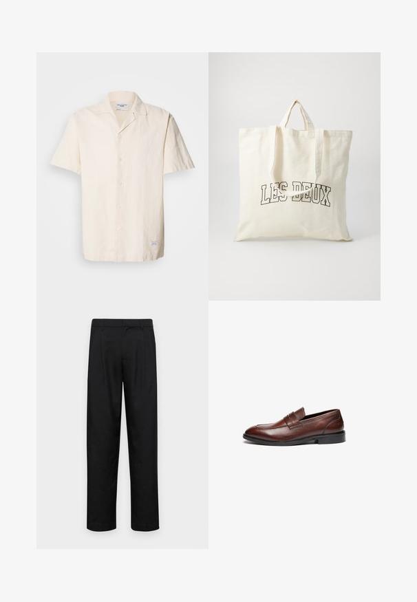 Rövid ujjú, világos bézs ing, texturált anyagból készült, hegyes gallérral, gombos elülső részével és egy kis címkével az alján.; Fekete nadrág sima anyagból, egyenes szárú fazonnal, két elülső redővel és közönséges derékkal, övhurkokkal.; Barna bőr loaferek sima felülettel, lekerekített orral, díszítő övvel és fekete gumitalppal. Minimális varrási részletekkel rendelkezik.; Krémszínű vászontáska, rövid fogantyúkkal, a "LES DEUX" felirattal fekete, vastag betűkkel. Tartós, egyszerű dizájn.