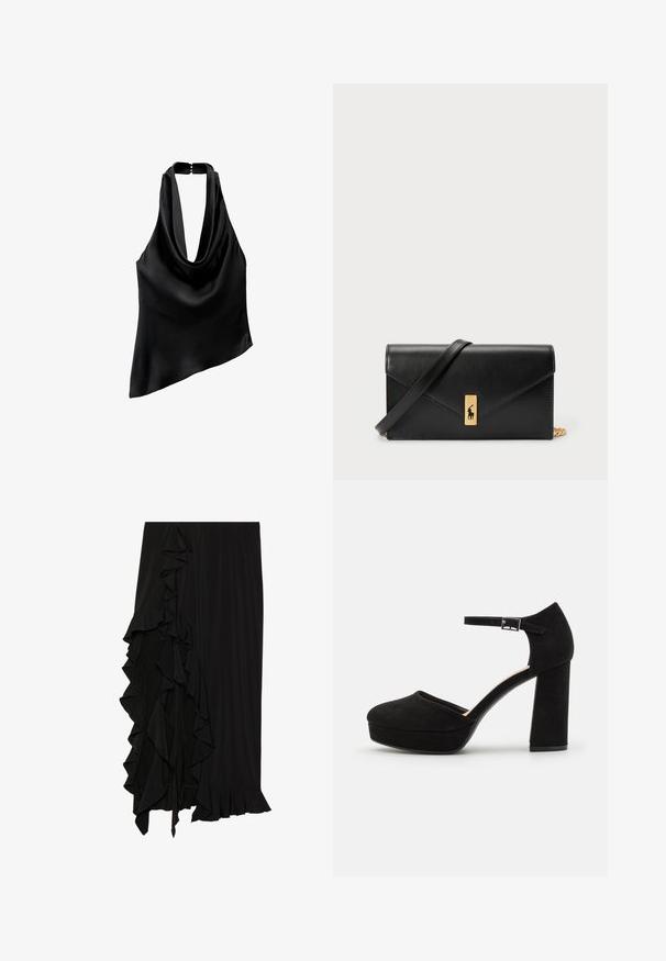 Mango Top - black; Černá sukně vyrobená z měkké tkaniny s volánovým detailem na levé straně a volánovým lemem na spodní části, což vytváří splývavý siluetu.; Černé zamšové platformové podpatky s širokým blokovým podpatkem, zaoblenou špičkou a kotníkovým páskem, který je zajištěn kovovou sponou. Hladký povrch po celém obvodu.; Černá kožená peněženka s překlopným víkem, zlatými prvky a logem. Obsahuje odnímatelný popruh pro nošení.