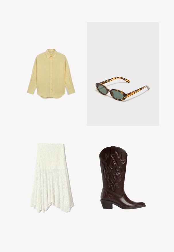 Calliope Button-down blouse - giallo limone; White lace skirt with a textured pattern, featuring an asymmetrical hemline and a flowing silhouette, made from lightweight fabric.; Dark brown leather cowboy boot with decorative stitching, pointed toe, mid-height stacked heel, and pull tab at the top.; Tortoiseshell sunglasses with oval frames, dark green lenses, and slender arms. Features a subtle logo on the arm.; Brown leather tote bag with a soft texture, featuring a spacious design and a single strap. Worn with a blue denim jacket.; Gold-tone earrings featuring a wavy, elongated teardrop shape with a ribbed texture and a stud fastening.