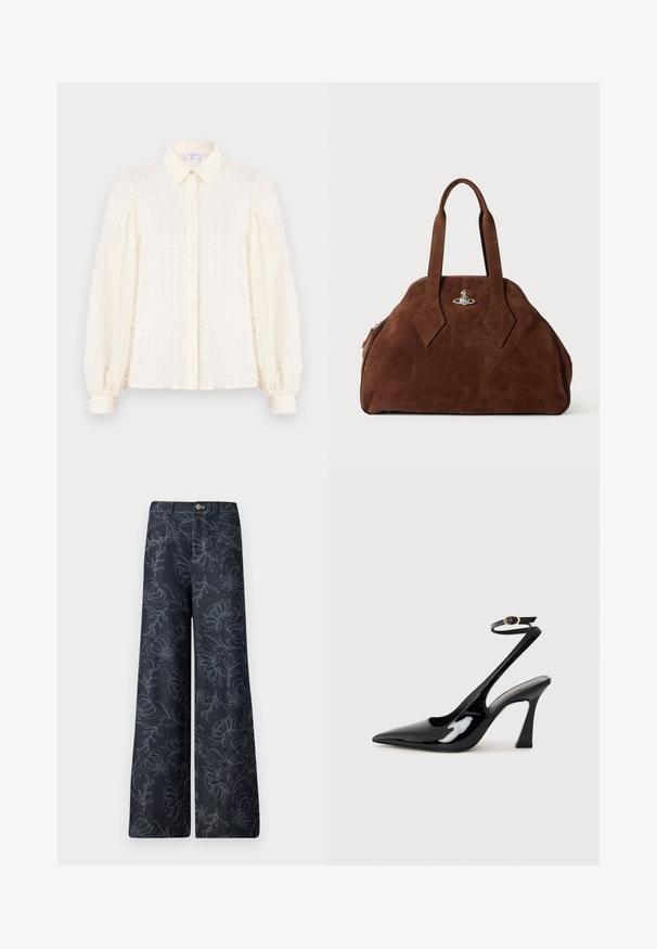Biała bluzka z teksturowanym wzorem w kratkę, z kołnierzykiem, zapięciem na guziki z przodu oraz bufiastymi rękawami z elastycznymi mankietami. Lekki i przewiewny materiał.; Ciemnoniebieskie spodnie typu wide-leg z haftowanym kwiecistym wzorem w jasnoniebieskim kolorze. Klasyczny pięciokieszeniowy fason z zapięciem na guzik z przodu.; Czarne lakierowane szpilki slingback na wysokim obcasie z wydłużonym noskiem, regulowanym paskiem na kostce i umiarkowanym obcasem w kształcie bloku. Gładka struktura z błyszczącym wykończeniem.; Brązowa torebka z zamszu o usztywnionym kształcie, zaokrąglonym korpusie i wydłużonych uchwytach w kształcie diamentu. Charakteryzuje się srebrnym zamknięciem.