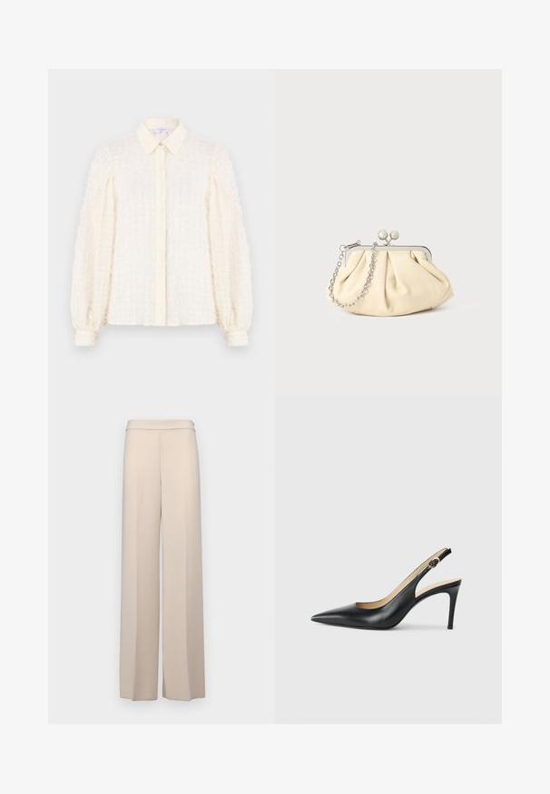 Witte blouse met een gestructureerd ruitpatroon, voorzien van een kraag, knoopsluiting aan de voorkant en poffende mouwen met elastische manchetten. Lichte en luchtige stof.; Beige wijde broek van een gladde stof, met een hoge taille en subtiele voorplooien. Geen zakken of zichtbare hardwaredetails.; Zwarte leren slingback-hakken met een spitse neus, verstelbare band en een elegante stiletto-hak, met een gladde afwerking.; Geplooide beige leren clutch met een zilveren metalen frame, voorzien van twee ronde decoratieve sluitingen en een zilveren kettingriem.