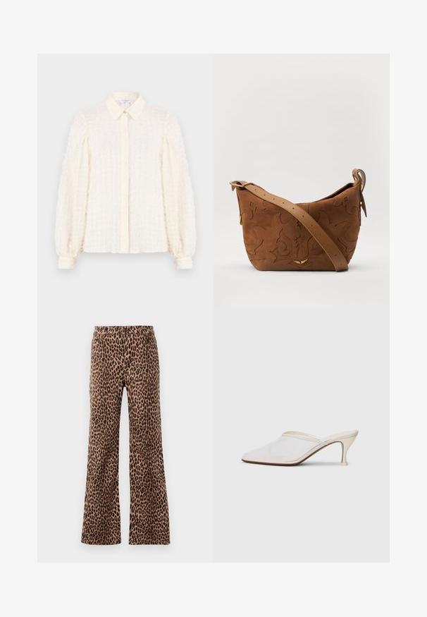 Weiße Bluse mit einem strukturierten Karomuster, mit Kragen, durchgehender Knopfleiste und gepufften Ärmeln mit elastischen Bündchen. Leichter und luftiger Stoff.; Beige und schwarze weit geschnittene Hosen mit Leopardenmuster, die eine glatte Textur und einen schmal zulaufenden Saum aufweisen. Design mit standardmäßiger Taille und Taschen.; Weiße Mesh-Pantoletten mit spitzer Zehenform, schlankem Mittelabsatz und Slip-On-Design vor einem schlichten Hintergrund.; Braune Wildleder-Schultertasche mit geprägtem floralen Design, ergänzt durch einen glatten braunen Ledertrageriemen und goldfarbenen Hardware-Akzenten.