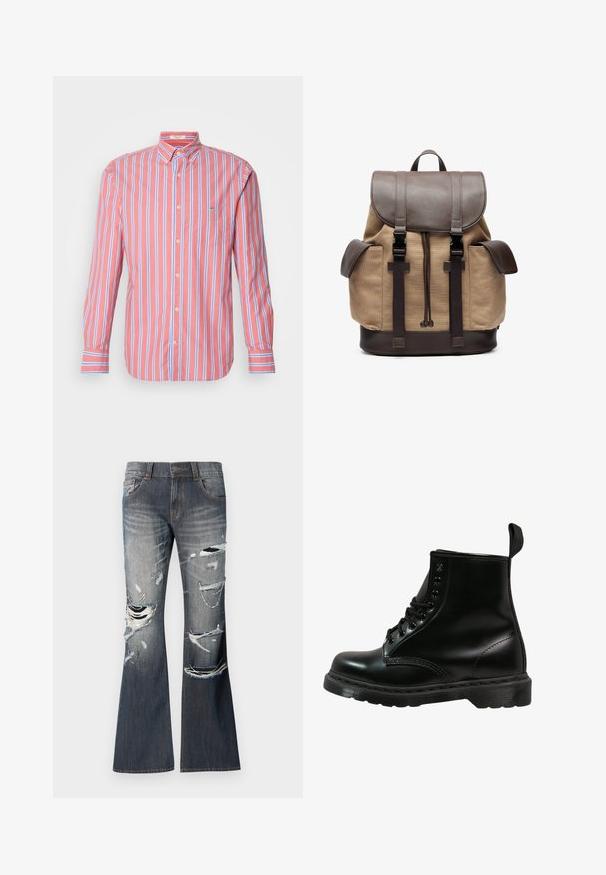 Långärmad randig skjorta i ljusrosa med blå och vita vertikala ränder, knäppbar krage och en bröstficka. Tillverkad av bomull.; Långärmad marinblå polo skjorta med beige krage och manschetter, med ett runt emblem med text på vänster bröst.; Uppklädda jeans i mörkblå denim med fransiga revor och slitna detaljer framtill. Har fem fickor och knäppning med knapp.; Svart läderstövel med rund tå, snörning, sex ögla, och en strukturerad gummisula. Inkluderar en dragflik baktill.; Canvasryggsäck i beige med bruna läderdetaljer. Har ett topplock, justerbara remmar och två sidofickor. Rektangulär form, robust design.