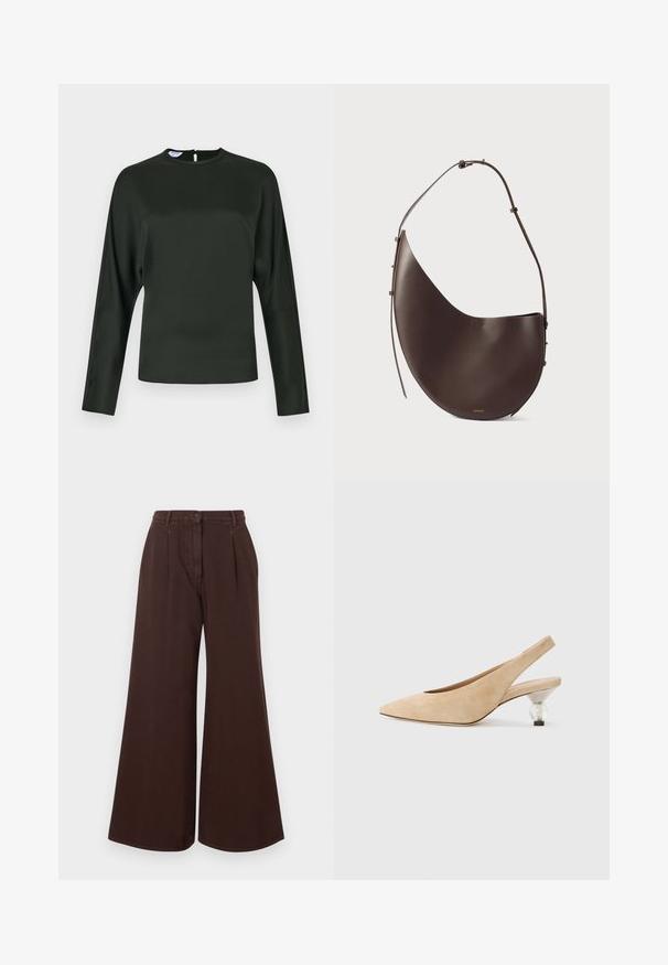 Ciemnozielona bluzka z długim rękawem z gładkiego materiału. Posiada wysoki dekolt oraz zapięcie w kształcie łezki na plecach. Prosty krój z minimalnymi detalami.; Brązowe spodnie z wysokim stanem i szerokimi nogawkami, z zapięciem na guzik i zamek błyskawiczny, szlufkami na pasek oraz plisami z przodu.; Beżowe zamszowe buty typu slingback z ostrym noskiem i przezroczystą, okrągłą obcasem. Gładka faktura i minimalistyczny design.; Brązowa skórzana torebka o zakrzywionym kształcie, z jedną rączką i minimalistycznym designem. Posiada subtelne logo oraz złote akcenty.