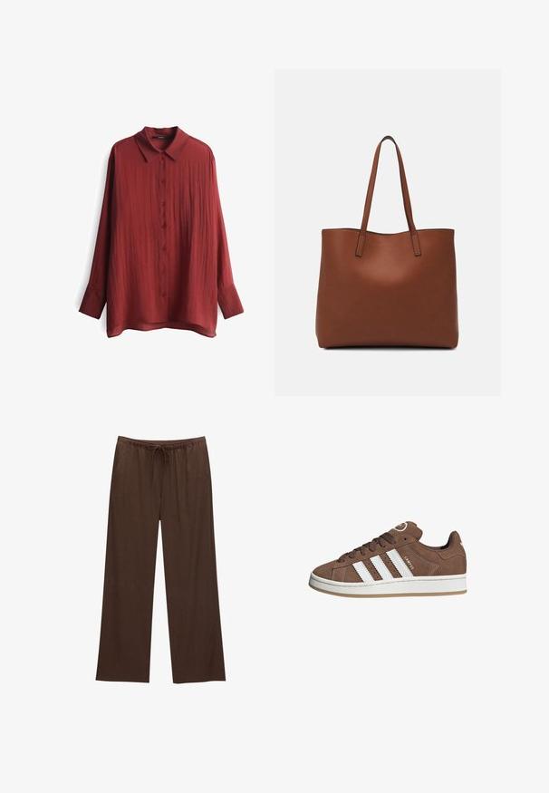 Camicia rossa a maniche lunghe realizzata in un tessuto leggero e testurizzato. Presenta un colletto e una chiusura frontale con bottoni abbinati.; Pantaloni larghi marroni realizzati in tessuto morbido, con vita elastica e cordoncino, e due tasche laterali.; Sneakers in suede marrone con strisce in pelle bianca, suola in gomma, punta rotonda e lacci. Presentano un logo sulla linguetta e dettagli perforati.; Borsa tote in pelle marrone con texture liscia, design con apertura superiore e due spallacci. Presenta cuciture minime e nessun hardware visibile.