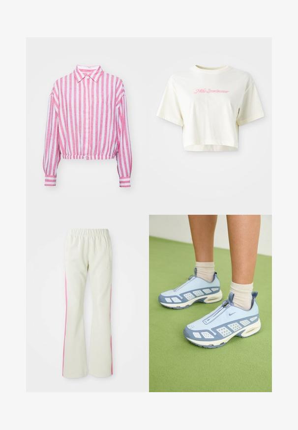 Crtjena i bijela prugasta skraćena košulja s ovratnikom, dugim rukavima i dugmetom na manžetama. Napravljena od lagane tkanine s teksturiranim završetkom.; Skraćena, krem boje majica od pamuka. Ima ružičasti izvezeni logo s natpisom "Nike Sportwear." Kratki rukavi i okrugli izrez.; Svijetloplave hlače s elastičnim pojasom, s ružičastim bočnim panelima i bočnim džepovima. Glatka tekstura s ravnim krojem.; Svijetloplave atletske cipele s bijelim naglascima, teksturiranim panelima i zatvaranjem na patentni zatvarač. Imaju vidljivu zračnu amortizaciju i gumeni potplat.