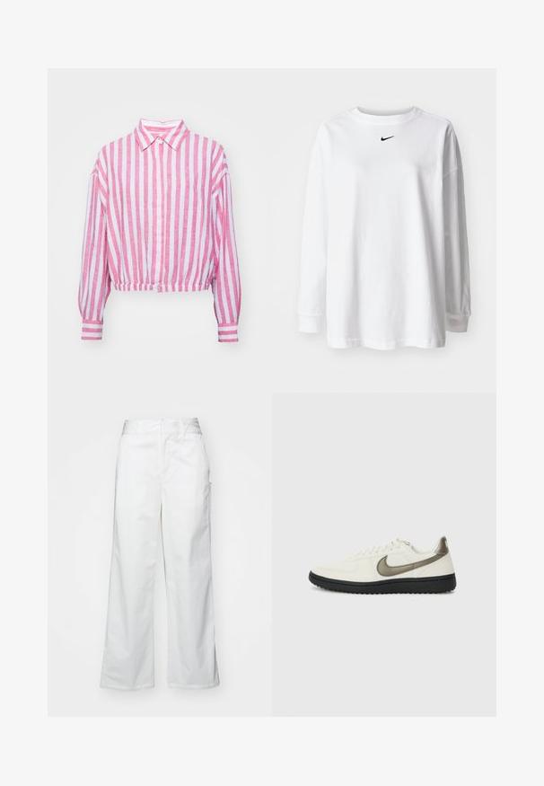 Rožinė ir balta įstrižai dryžuota trumpa marškinė su apykakle, ilgomis rankovėmis ir mygtukais ant rankogalių. Pagaminta iš lengvos medžiagos su tekstūruotu paviršiumi.; Baltas ilgas rankovės marškinėliai, pagaminti iš medvilnės, su apvalia kaklo linija ir maža juoda Nike logo ant krūtinės. Paprastas dizainas, laisvas įsiliejimas.; Balti plačios kojos kelnės, pagamintos iš medvilnės, turinčios lygią tekstūrą, tiesų siluetą, priekinės kišenės ir švarų apvado kraštą.; Nike Sportswear FIELD GENERAL - Sportbačiai - off-white/black