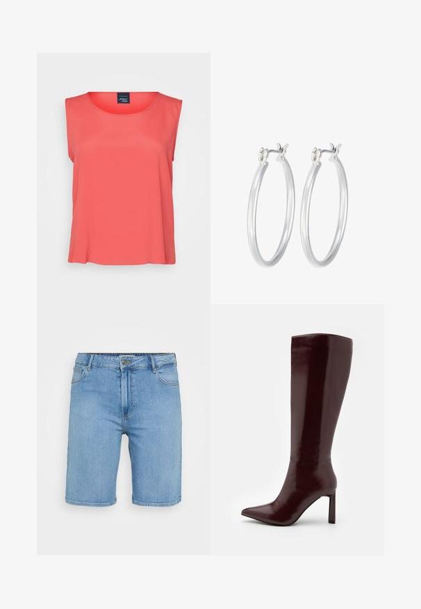 Koralo spalvos be rankovių marškinėliai su apvaliu iškirpimu, pagaminti iš lengvos medžiagos. Lygus paviršius, laisvas siluetas ir paprastas dizainas.; Šviesiai mėlynos džinsinės šortai su klasikinio kirpimo, turintys priekinį mygtuką, diržo kilpas ir dvi šonines kišenes. Lygus paviršius ir tiesus apvadas.; Even&Odd Batai - dark red; Sidabriniai auskarai su sklandžiu, poliruotu paviršiumi. Apvalios formos ir saugus uždarymo mechanizmas. Lengvas dizainas, tinkantis kasdieniam dėvėjimui.