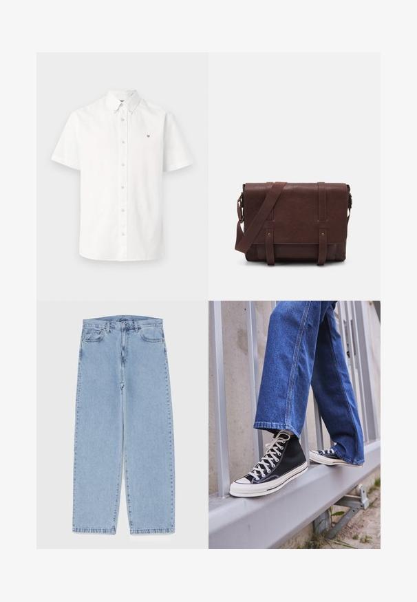 Biała koszula na krótki rękaw z lekkiego materiału, z kołnierzykiem zapinanym na guziki oraz subtelne logo na klatce piersiowej.; Biały bawełniany top na ramiączkach z okrągłym dekoltem, szerokimi ramiączkami i prostym dołem, charakteryzujący się gładką teksturą i brakiem widocznych wzorów.; Jasnoniebieskie dżinsy o prostym kroju nogawki, z średnim stanem, pięcioma kieszeniami oraz zapięciem na guzik i zamek błyskawiczny.; Czarne sneakersy za kostkę z białą podeszwą i sznurówkami, w połączeniu z luźnymi niebieskimi dżinsami, opierające się na szarym balustradzie.; Brązowa skórzana torba na ramię z płaskim klapem z przodu, dwoma paskami, złotymi akcentami oraz regulowanym paskiem na ramię.