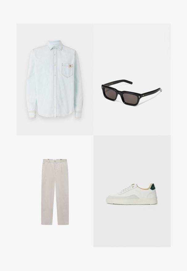 Vaaleansininen pitkähiha iso paita pehmeästä denimituksesta, jossa on napillinen kaulus, rintatasku ja kontrastiväriset keltaiset tikkaus yksityiskohdat.; Vaaleanbeiget housut pehmeästä kankaasta, suoran leikkauksen omaavat, joissa on kaksi sivutaskua ja etunappi. Kevyt ja sileä pinta.; Valkoiset tennarit, joissa on nahkaosia, pyöreä kärki, tasaiset nauhat ja kermaisa kumi-pohja. Takana vihreä brändäys.; Mustat suorakulmaiset aurinkolasit tummilla linsseillä, paksu muovikehys, kultaiset korostukset temppeleissä ja brändin logo kaiverrettuna varteen.