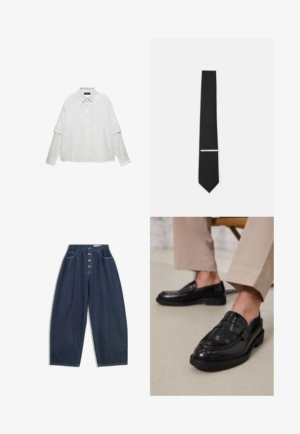 Camicia bianca con bottoni e righe verticali grigie. Presenta un colletto classico, una vestibilità comoda e maniche lunghe con dettagli sui polsini.; T-shirt bianco a maniche corte in cotone, con scollatura rotonda e vestibilità rilassata con orlo dritto. Nessun motivo o decorazione.; Pantaloni larghi in denim blu scuro con vita alta, chiusura a cinque bottoni e cinque tasche. Presentano accenti di cucitura sulle cuciture.; Mocassini in pelle nera con finitura liscia, dotati di una cintura decorativa e cuciture a contrasto, abbinati a pantaloni beige.; Papillon nero realizzato in tessuto liscio, caratterizzato da una larghezza stretta e una clip argentata che esalta il suo design.