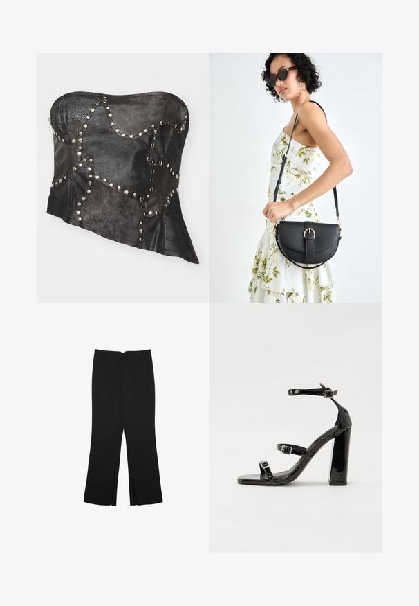 Corsetto in pelle nera senza spalline con pannelli texturizzati, dettagli in metallo argentato, forma asimmetrica e chiusura lampo visibile sul lato.; Pantaloni neri a gamba dritta, con tasche frontali e spacchi laterali all'orlo. Realizzati in tessuto morbido e liscio. Adatti a diverse occasioni.; Sandali con tacco in vernice nera, con punta squadrata, cinturini alla caviglia e fibbie in argento. Presentano un tacco a blocco spesso per maggiore stabilità.; Borsa a tracolla nera in pelle con una forma curva, manico rimovibile e accessori dorati. La borsa presenta una patta con un dettaglio a fibbia.