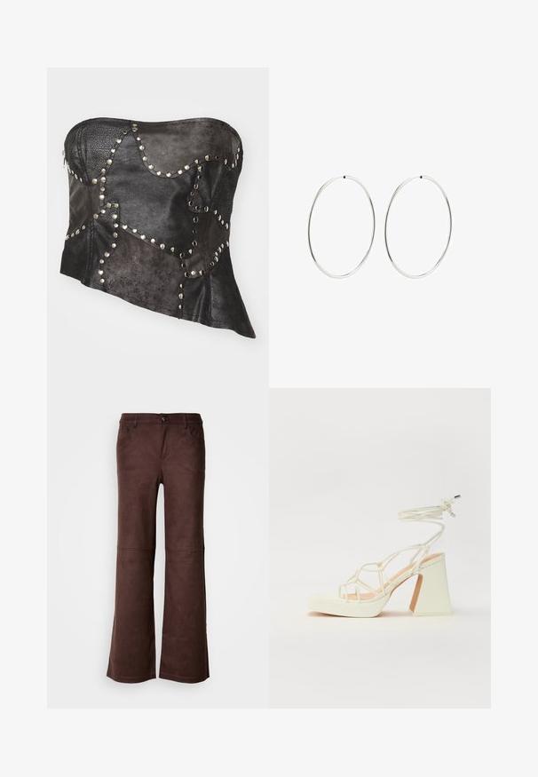 Corsetto in pelle nera senza spalline con pannelli texturizzati, dettagli in metallo argentato, forma asimmetrica e chiusura lampo visibile sul lato.; Pantaloni a palazzo marroni in un tessuto morbido simile al suede. Presentano quattro tasche, una chiusura con bottone e una superficie liscia e testurizzata.; Sandalo bianco con tacco alto, caratterizzato da un design a cinturini e un legaccio alla caviglia. Texture liscia con una piattaforma frontale per un'altezza aggiuntiva.; Orecchini a cerchio in argento con un design rotondo e liscio e una finitura lucida. Sono sottili e leggeri, con una semplice chiusura a scatto.