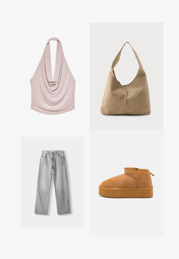 Zavěšený top s halter strižením v svetlo béžovej úpletenej látke, s hlbokým výstrihom a voľným strihom so hladkou textúrou.; Svetlosivé džíny z denimu s rovnými nohavicami, ktoré majú dve predné vrecká, zapínanie na gombík a jemné vyblednutie pre textúru.; Hnedé semišové členkové topánky s okrúhlym prstom, nízkym strihom a textúrovanou gumovou podrážkou, ktorá má mierny platformový efekt a pútko na ťahanie.; Hobo taška z mäkkej béžovej semišovej kože so splývavým tvarom, širokým ramenným popruhom a ručne šitým detailom švu na prednej strane.