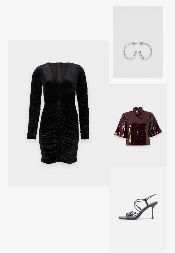 Top court en sequins bordeaux avec un col montant et des manches courtes. Surface texturée avec des sequins réfléchissants, créant une apparence brillante.; Robe en velours noir avec de longues manches bouffantes, décolleté en V profond et détails froncés à l'avant. Fermeture éclair à l'arrière. Texture lisse.; Des sandales noires à talons hauts avec des fines lanières au design noué, un bout carré lisse et un talon aiguille élégant.; Sac à main en métal gris clair avec une bandoulière en chaîne, orné de petits clous métalliques ronds et d'un logo de marque triangulaire.; Boucles d'oreilles en argent avec une finition lisse et brillante. Forme arrondie, conception légère, avec un fermoir à tige.