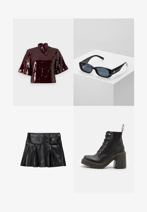 Top scurt cu paiete burgundie, cu guler înalt și mâneci scurte. Suprafață texturată cu paiete reflective, care creează un aspect strălucitor.; Fustă din piele neagră cu pliseuri, talie largă și două detalii cu catarame pe lateral. Textură netedă cu un finisaj lucios.; Botine din piele neagră, cu toc înalt masiv, sistem de prindere cu șiret, ocheți din metal și cusături galbene de-a lungul tălpii. Talpă din cauciuc texturat.; Ochelari de soare rectangulari negri cu lentile nuanțate de albastru, cu rame groase și un accent circular auriu pe lateral. Finisaj elegant și lucios.; Geantă bordeaux din material sintetic, cu un design structurat, având un breteau detașabil și o eșarfă cu un model floral legată de mânere.