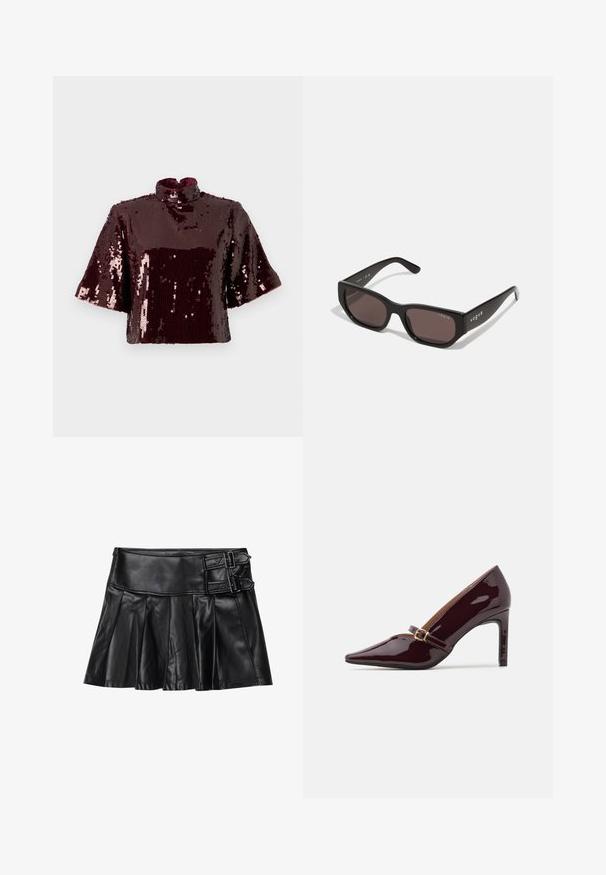 Burgundské krátké tričko s flitry a vysokým límcem, krátké rukávy. Texturovaný povrch s odrazivými flitry, vytvářející lesklý vzhled.; Černá kožená sukně s sklady, širokým pasem a dvěma přezkami na boku. Hladká textura s lesklým povrchem.; Patentní burgundské lodičky s špičatou špičkou, kotníkovým páskem se zlatou kovovou sponou a hladkým, lesklým povrchem. Vysoký jehlový podpatek.; Černé obdélníkové sluneční brýle s tmavými skly. Vybaveny hladkým plastovým rámečkem a detailem loga na spánku. Čistý, moderní design.; Burgundská kabelka vyrobená z umělého materiálu se strukturovaným designem, která má odnímatelný popruh a kroužek, na kterém je uvázaný šátek s květinovým vzorem.